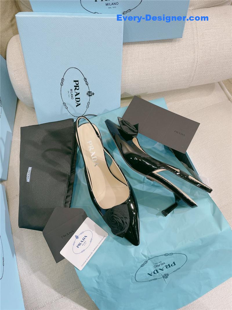 Pra*a patent leather back strap flower heel sandals