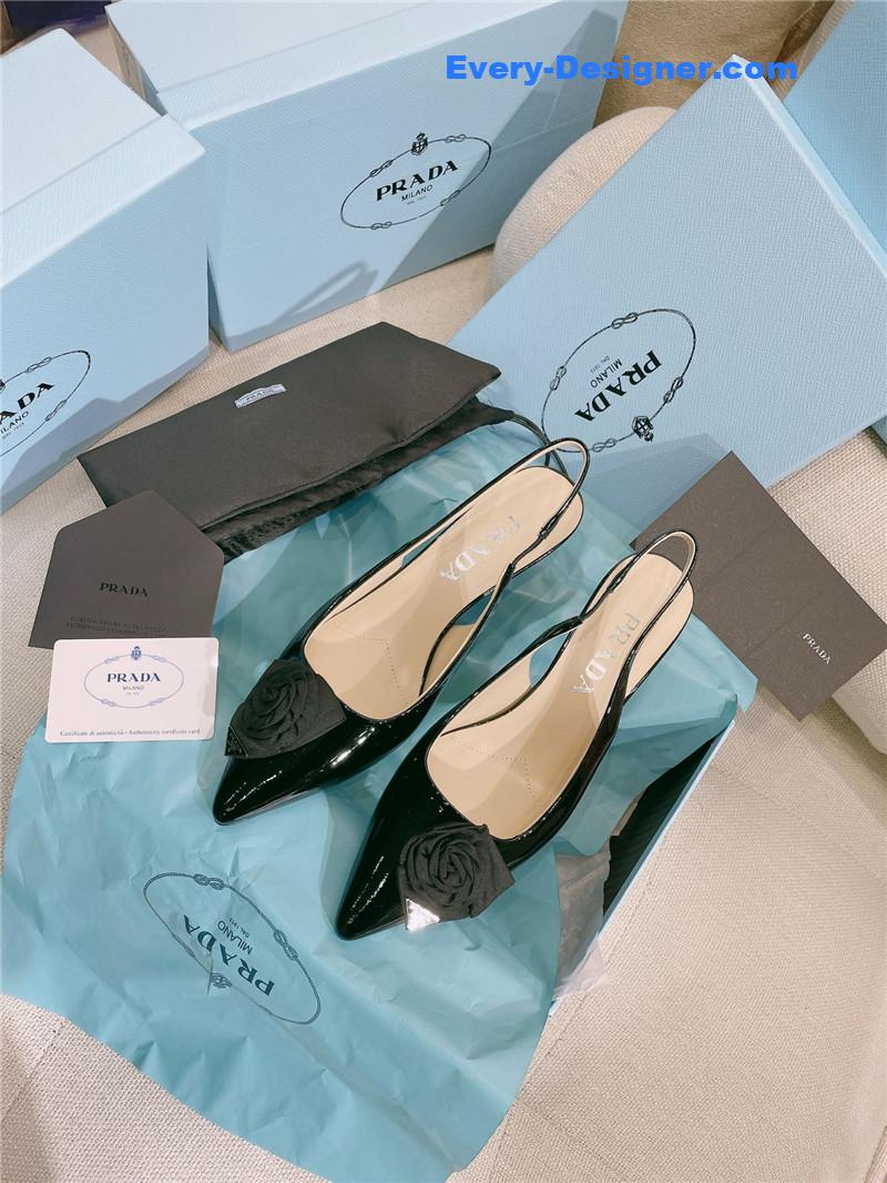 prada patent leather back strap flower heel sandals
