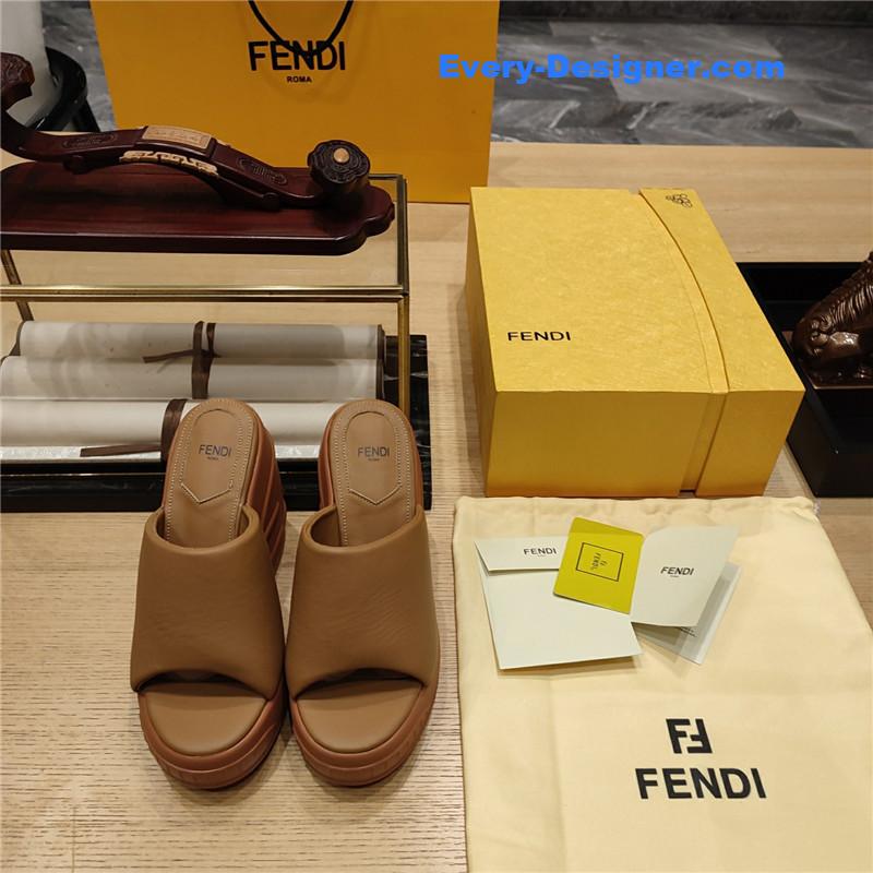 Fendi Tan Leather Wedge Platform Slides