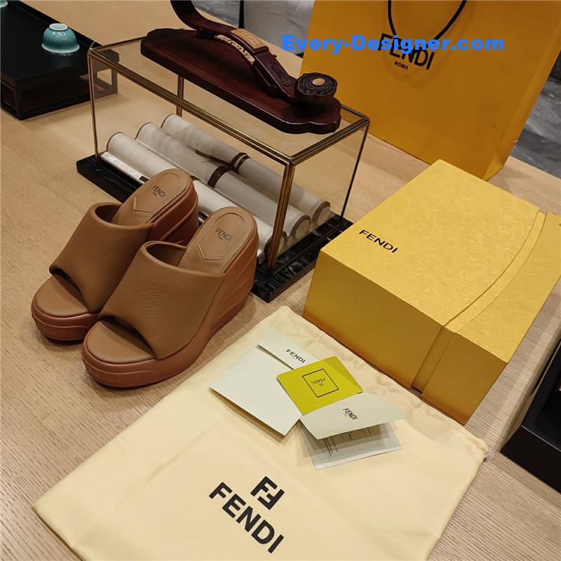 Fendi Tan Leather Wedge Platform Slides