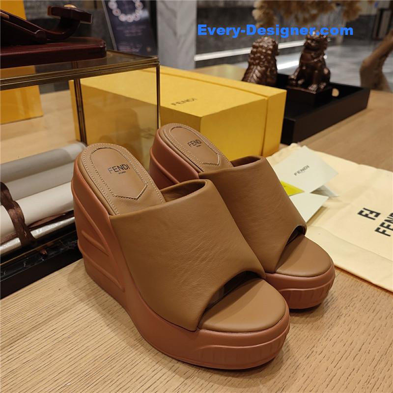 Fendi Tan Leather Wedge Platform Slides