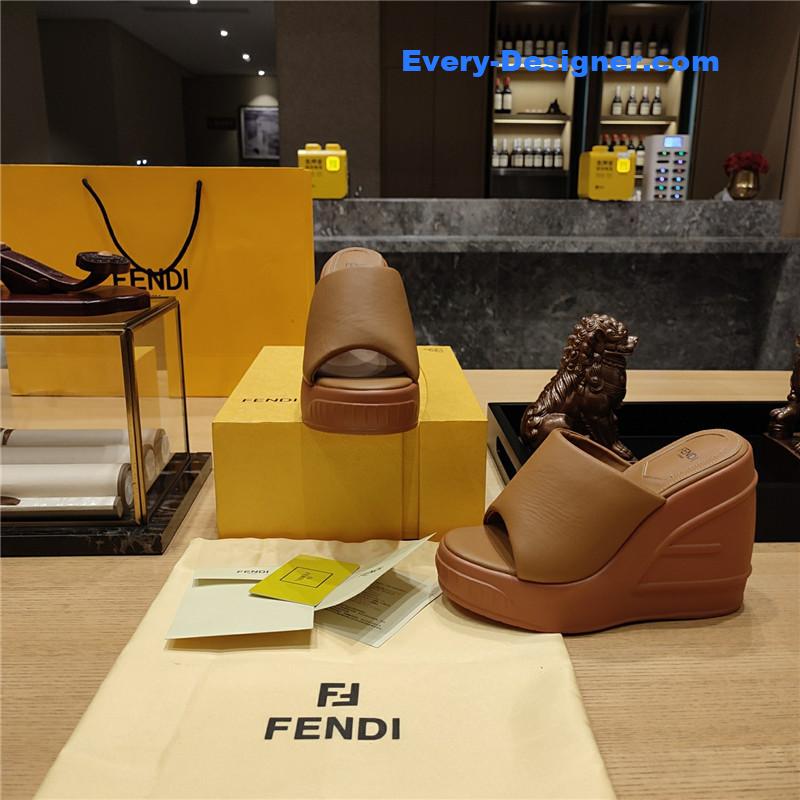 Fendi Tan Leather Wedge Platform Slides