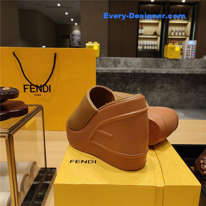 Fendi Tan Leather Wedge Platform Slides