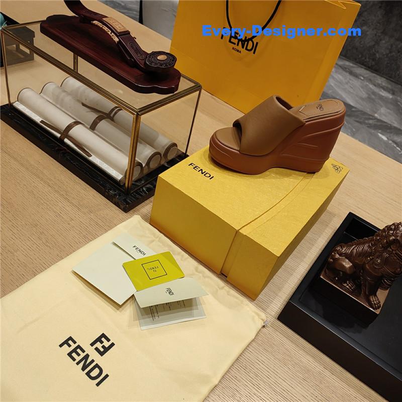 Fendi Tan Leather Wedge Platform Slides