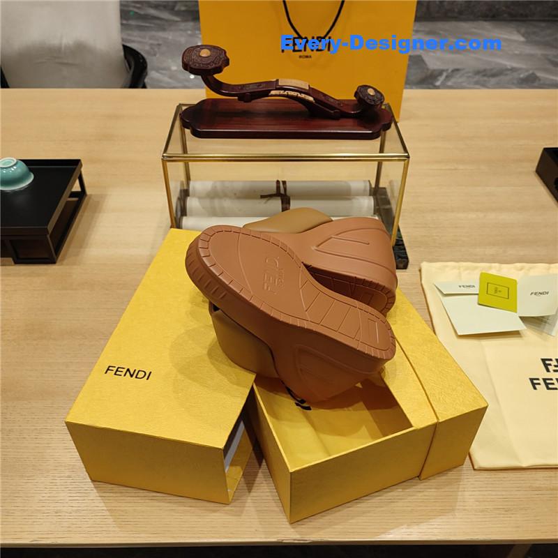 Fendi Tan Leather Wedge Platform Slides