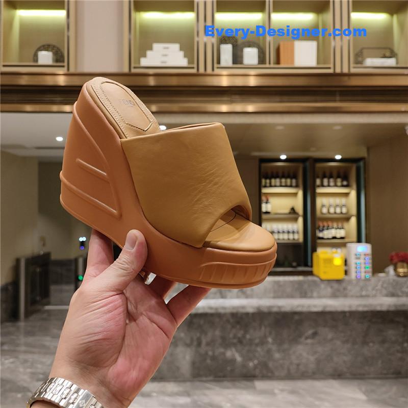 Fendi Tan Leather Wedge Platform Slides