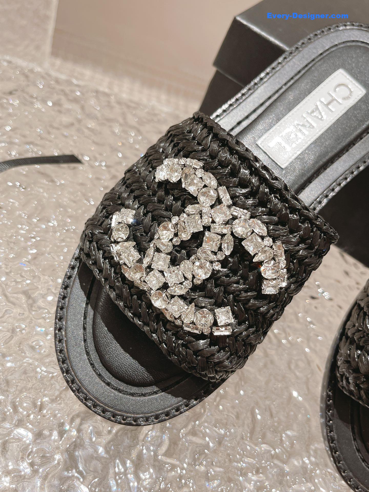CC rhinestone woven slippers