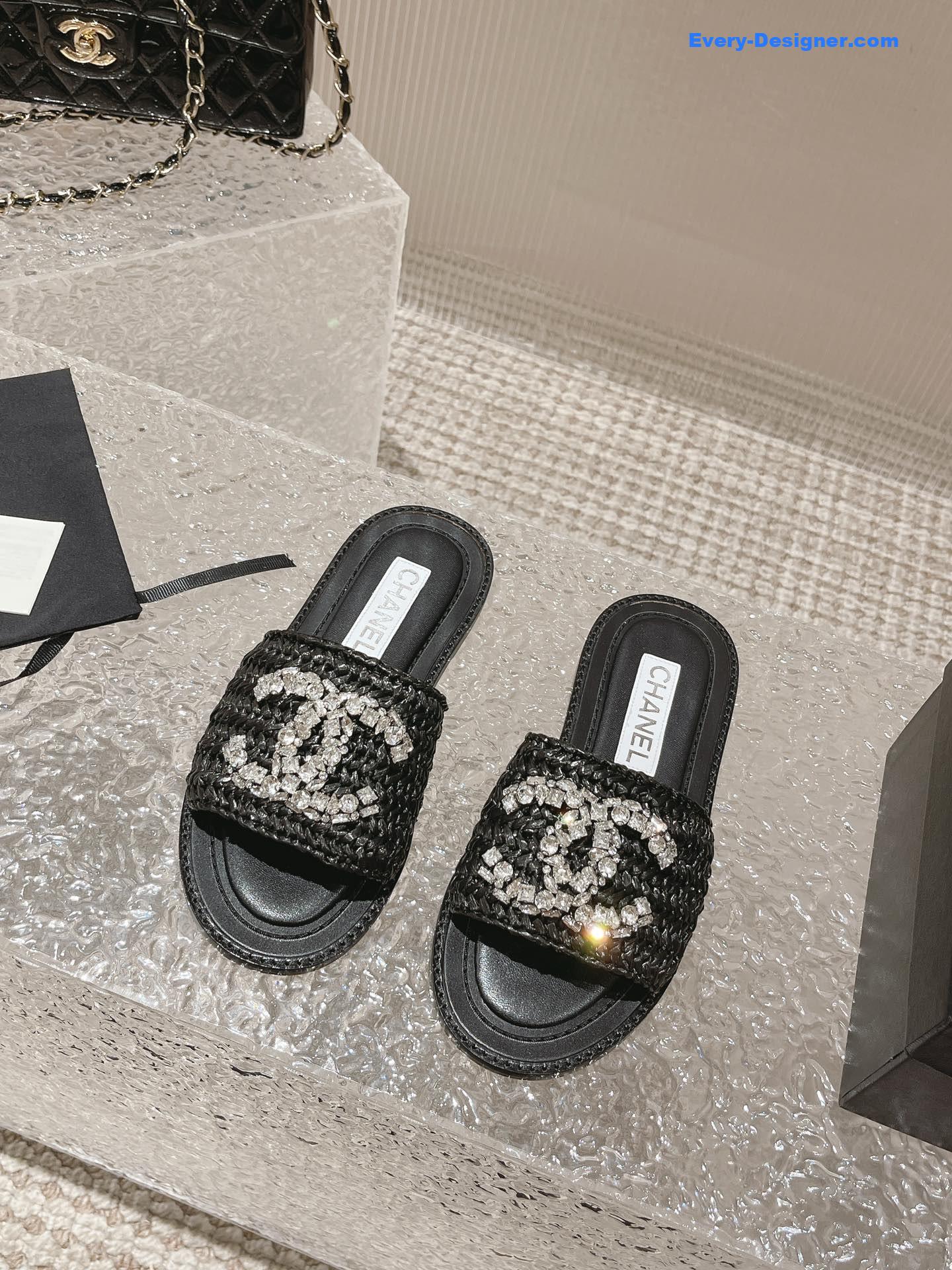 CC rhinestone woven slippers