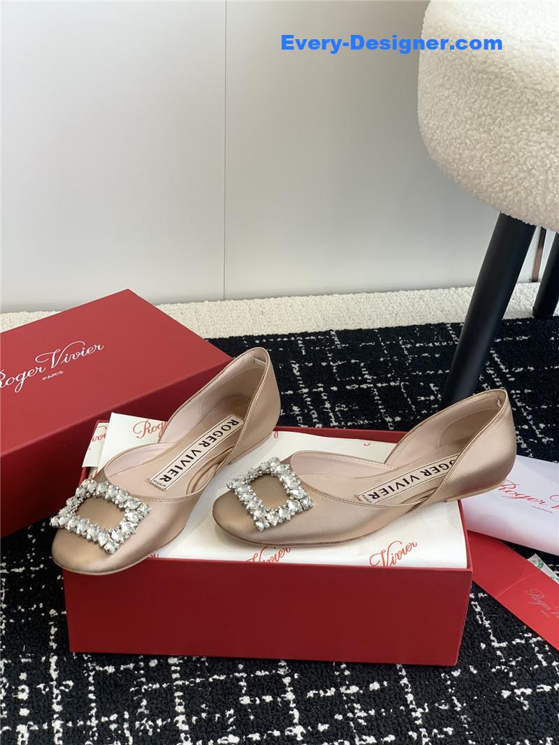 Roger vivier hollow silk satin diamond buckle flat shoes