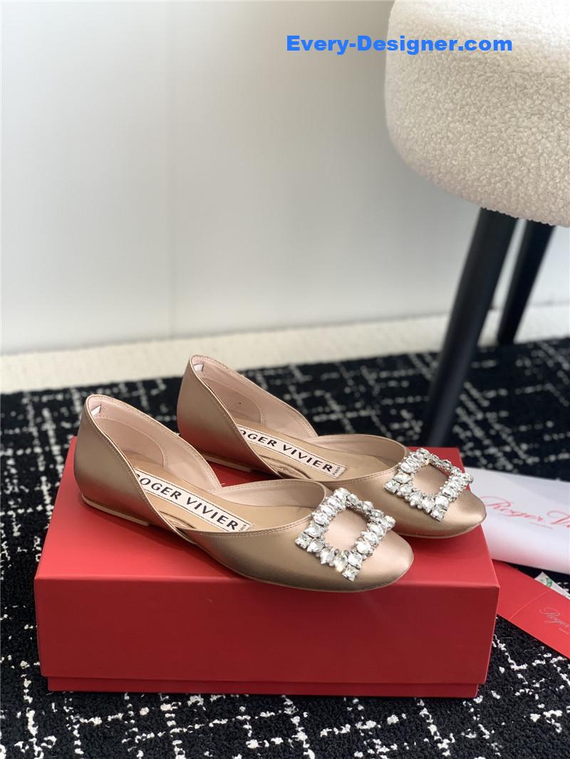 Roger vivier hollow silk satin diamond buckle flat shoes