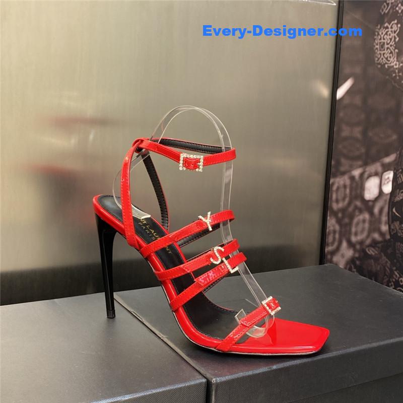 Y51 letter logo rhinestone buckle high heel sandals