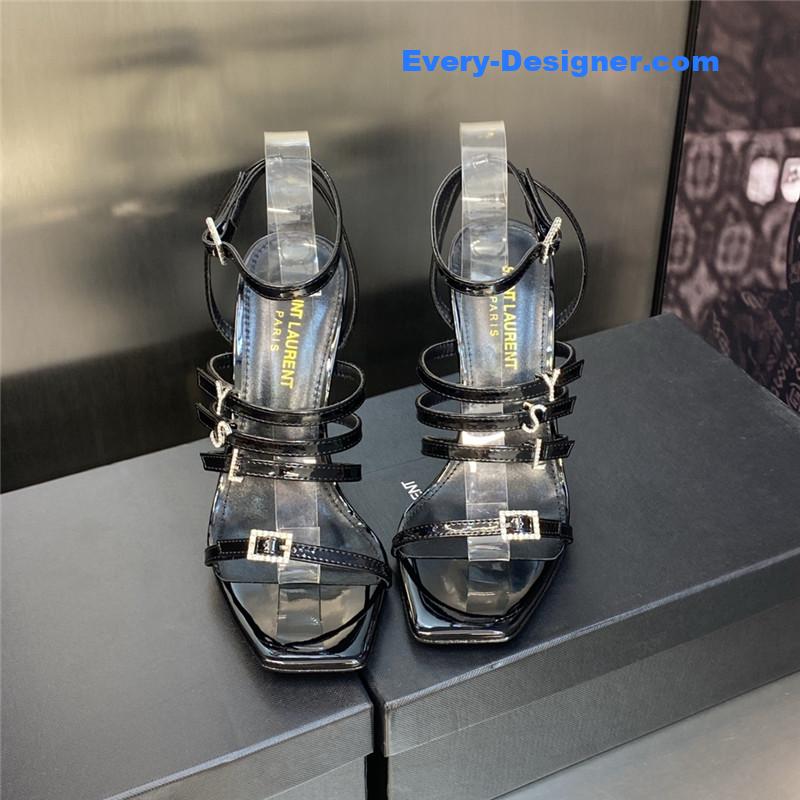 Y51 letter logo rhinestone buckle high heel sandals