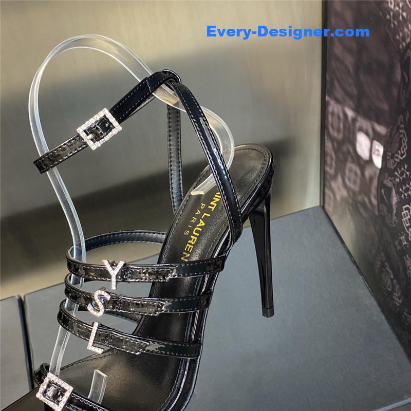Y51 letter logo rhinestone buckle high heel sandals