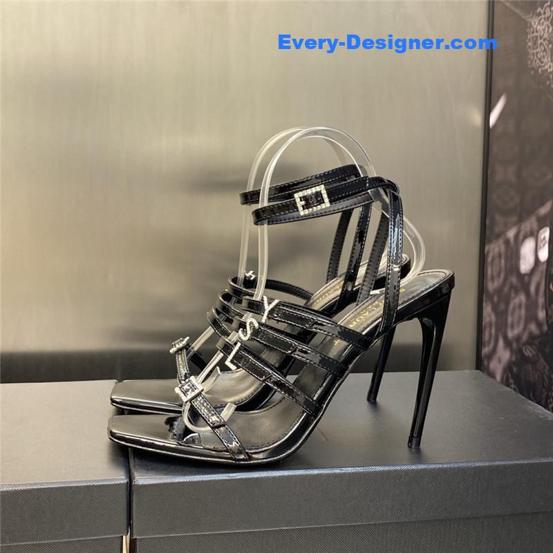 Y51 letter logo rhinestone buckle high heel sandals