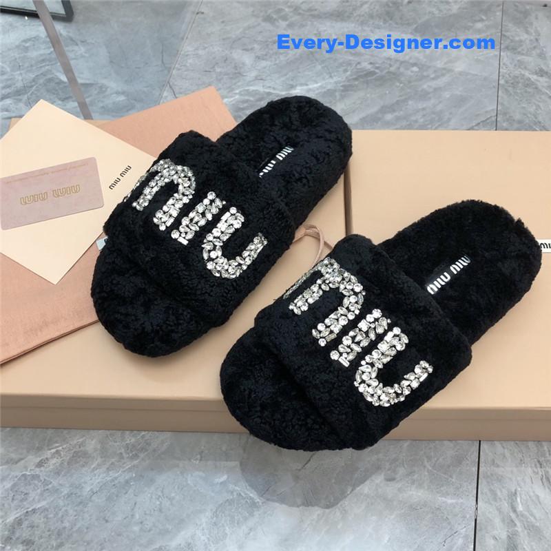 miumiu diamond buckle wool slippers