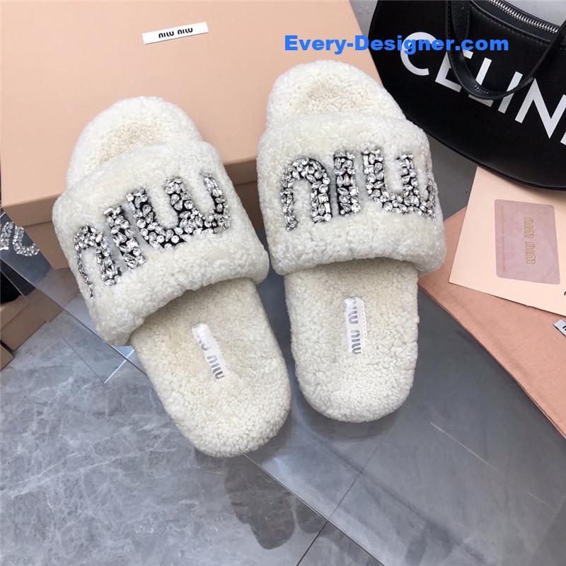 miumiu diamond buckle wool slippers