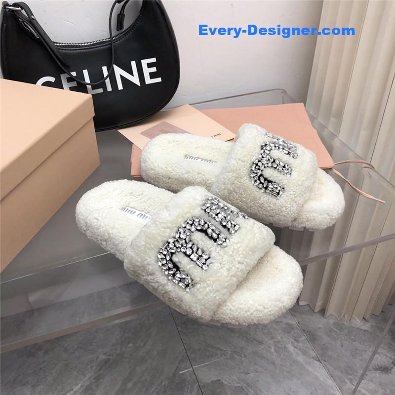 miumiu diamond buckle wool slippers