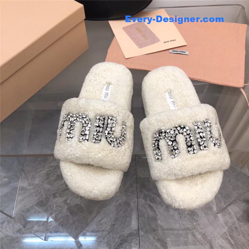 miumiu diamond buckle wool slippers