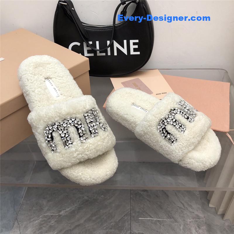 miumiu diamond buckle wool slippers