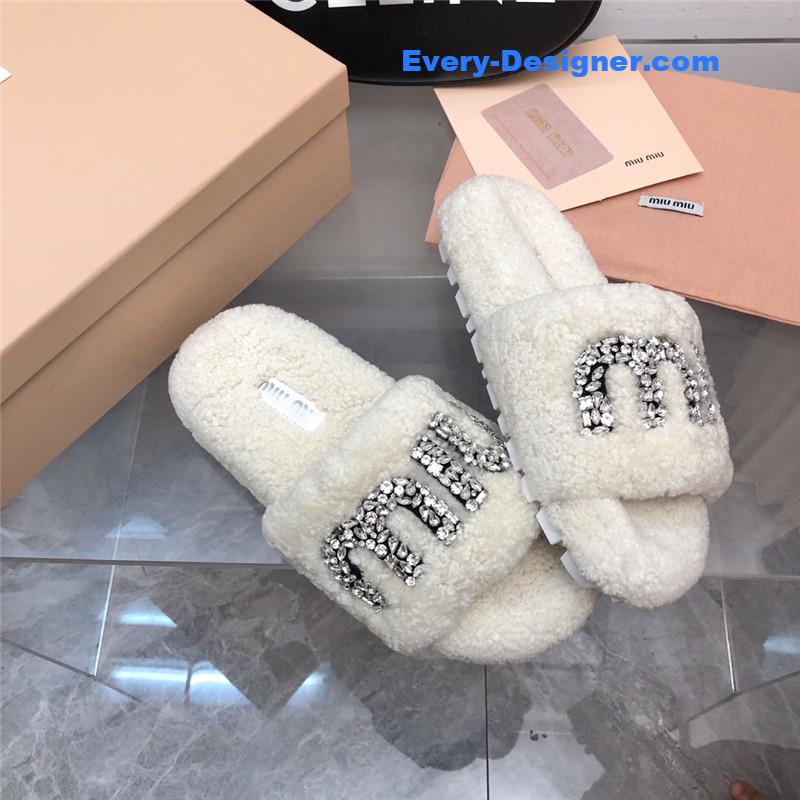 miumiu diamond buckle wool slippers