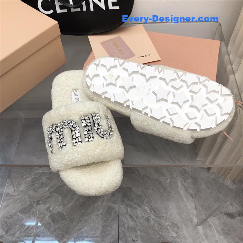 miumiu diamond buckle wool slippers