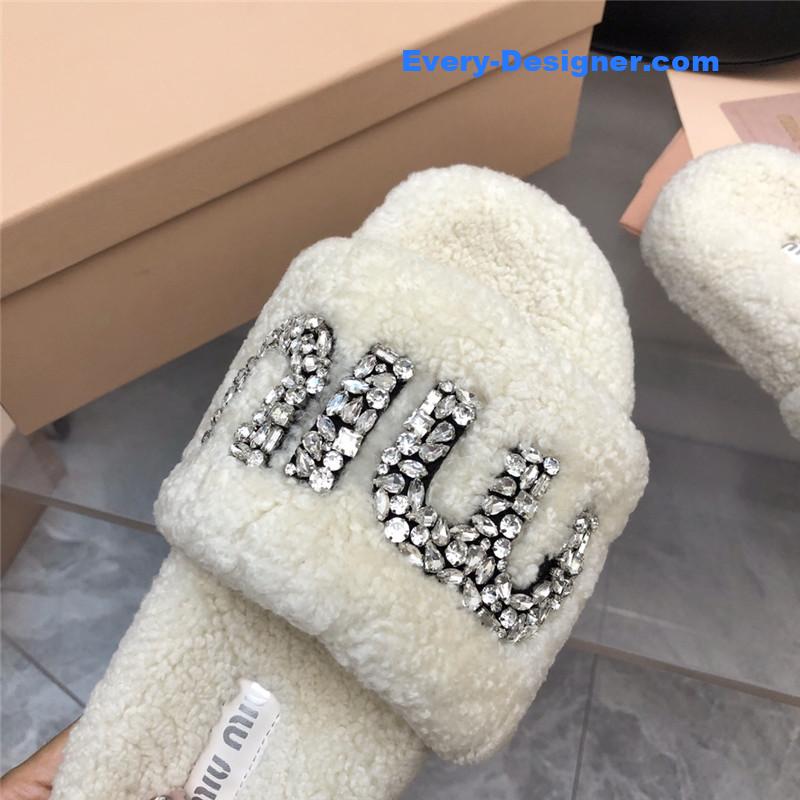 miumiu diamond buckle wool slippers
