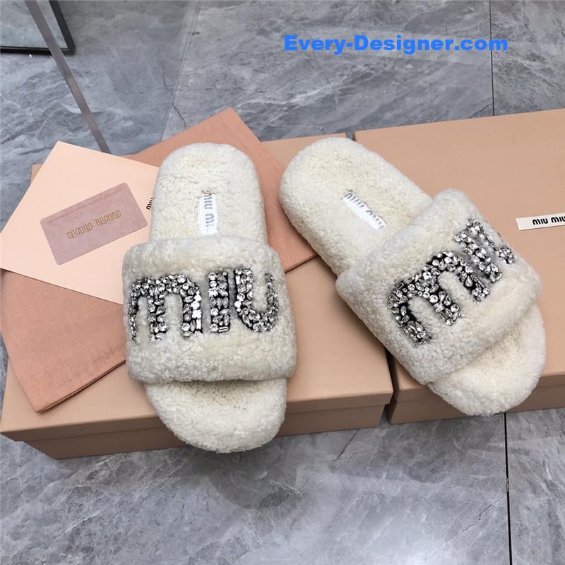 miumiu diamond buckle wool slippers