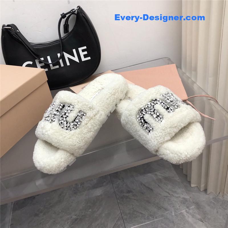 miumiu diamond buckle wool slippers