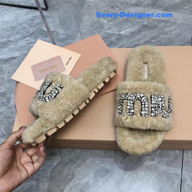miumiu diamond buckle wool slippers