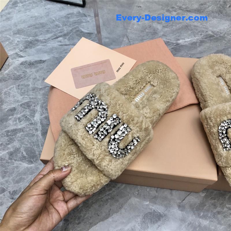 miumiu diamond buckle wool slippers