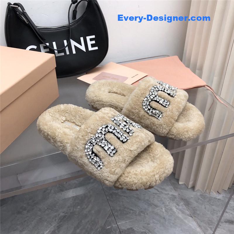 miumiu diamond buckle wool slippers