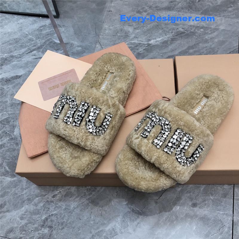 miumiu diamond buckle wool slippers