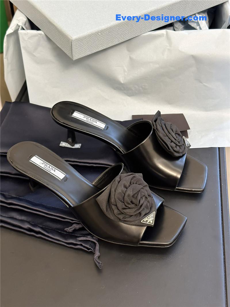 prada satin floral high heel slides
