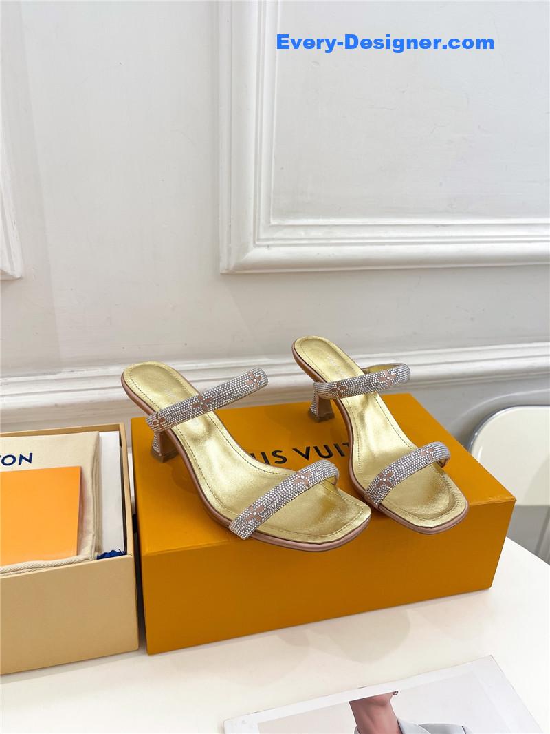 louis vuitton LV square toe hot diamond high-heeled slippers