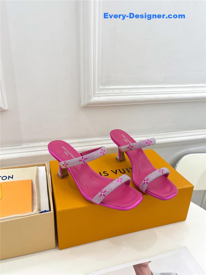 louis vuitton LV square toe hot diamond high-heeled slippers
