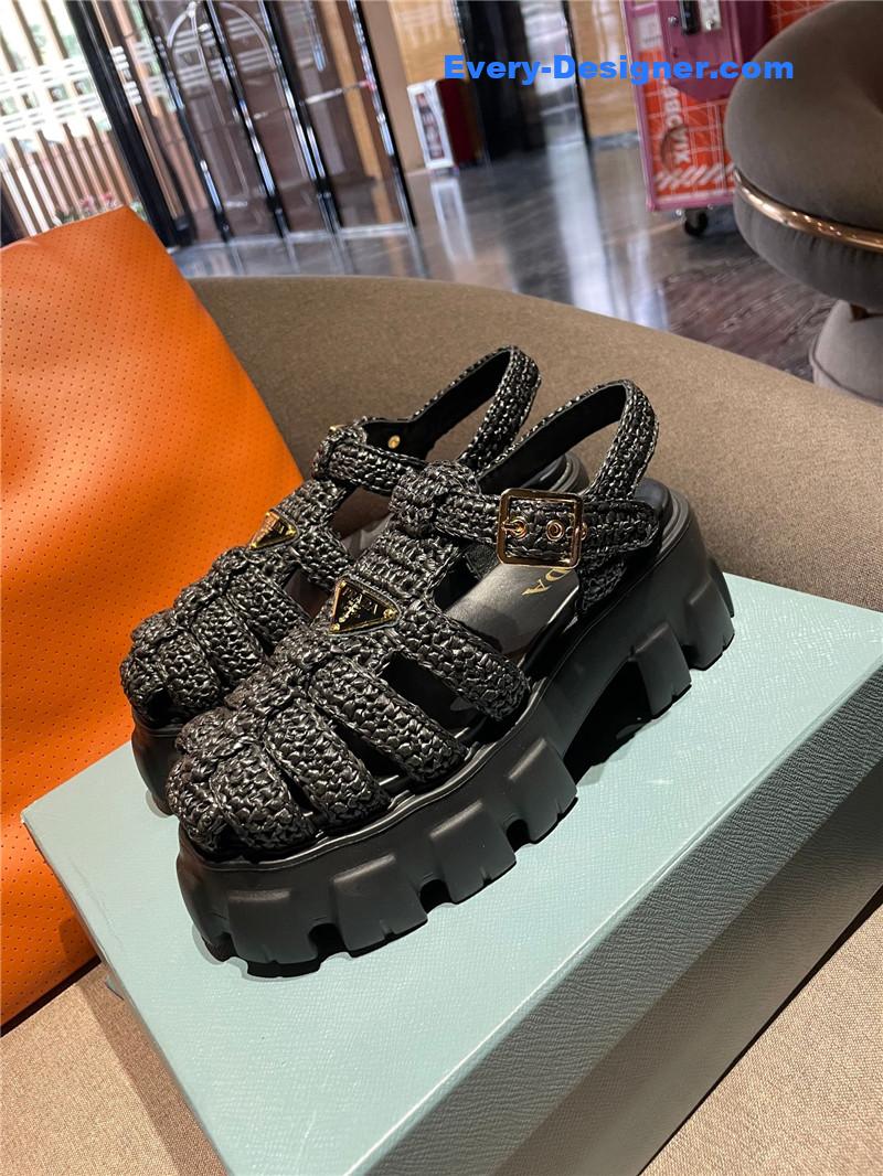 prada new raffia straw roman sandals