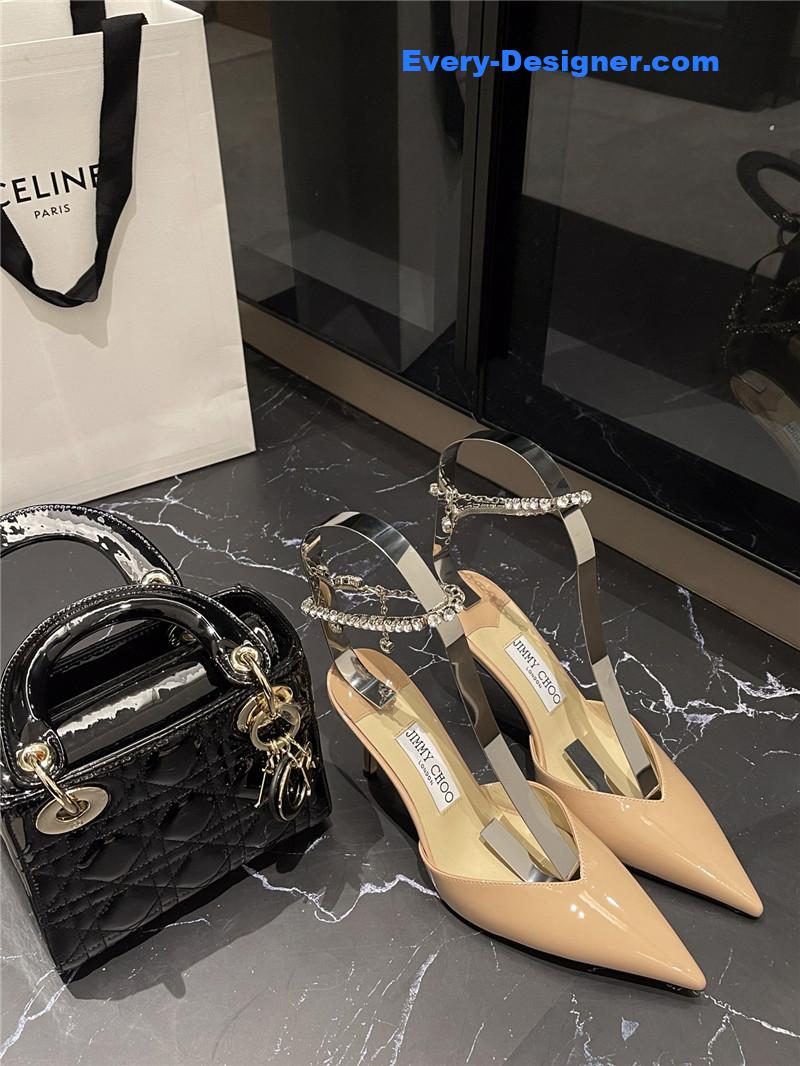 J1m*y Ch00 patent-leather crystal chain pumps