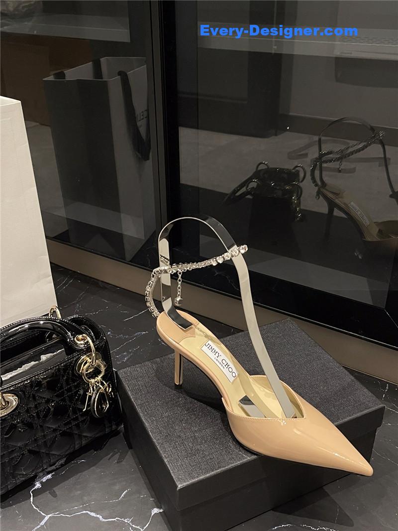 J1m*y Ch00 patent-leather crystal chain pumps
