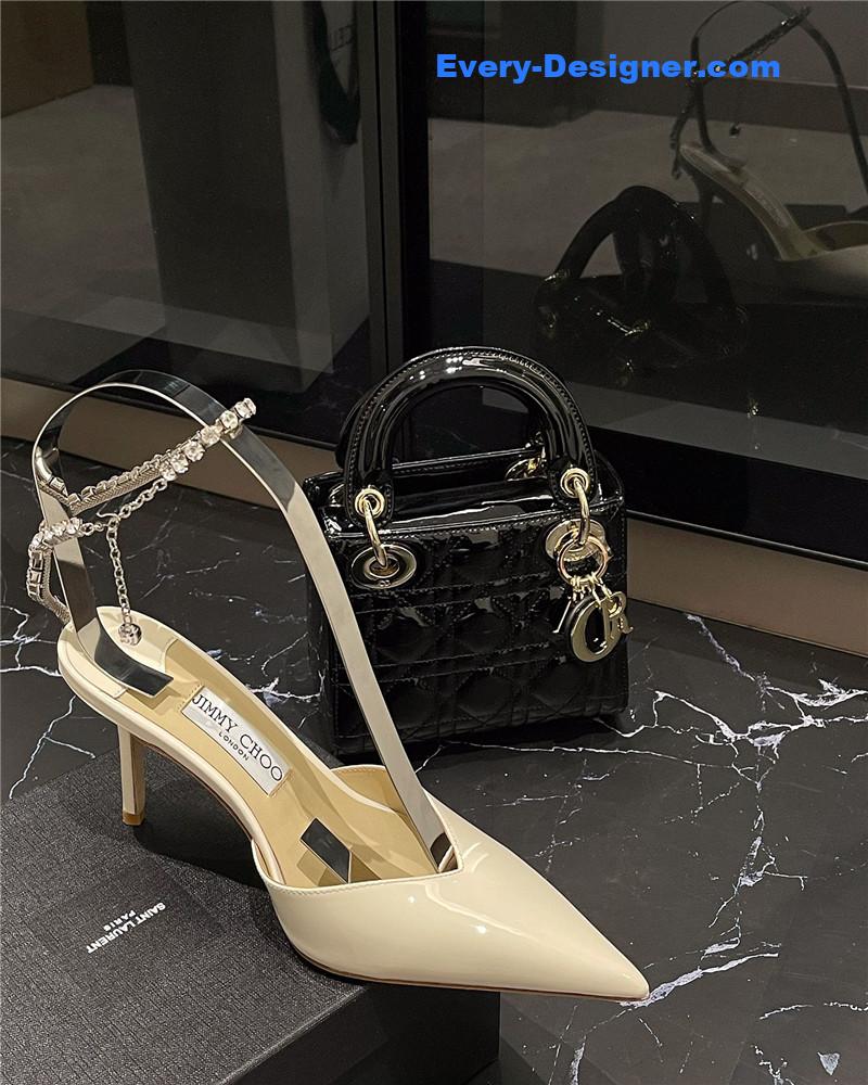 J1m*y Ch00 patent-leather crystal chain pumps