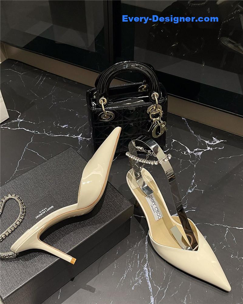 J1m*y Ch00 patent-leather crystal chain pumps