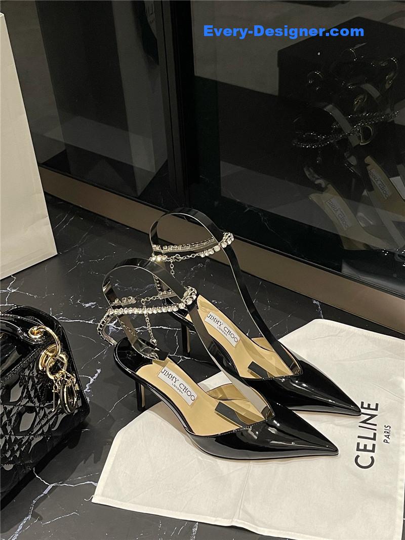 J1m*y Ch00 patent-leather crystal chain pumps