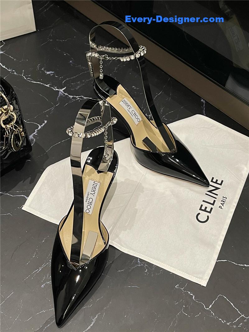 J1m*y Ch00 patent-leather crystal chain pumps