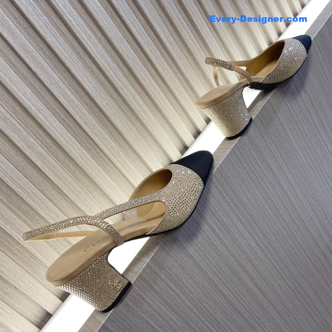 CC rhinestone thick heel side empty sandals