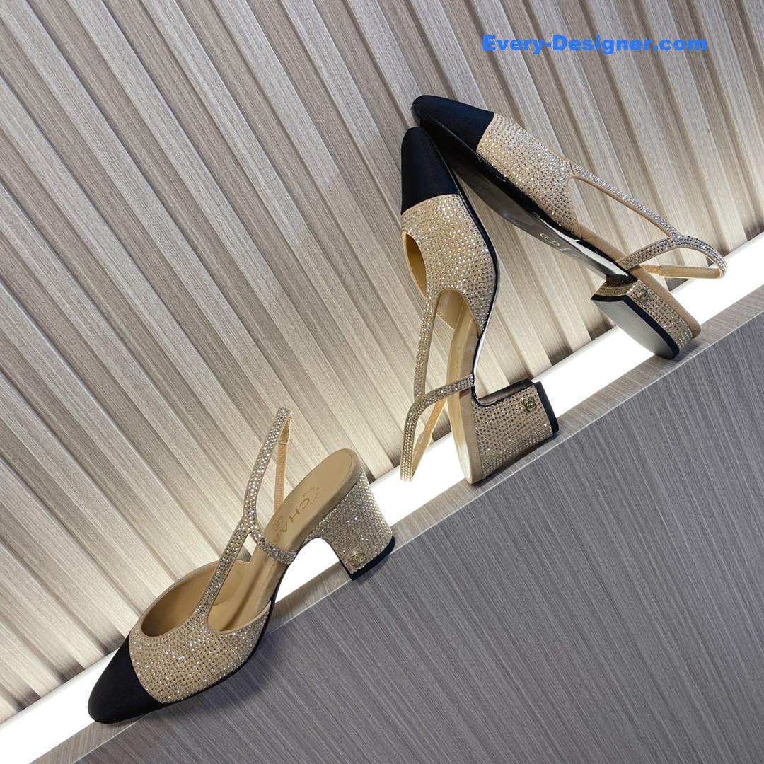 CC rhinestone thick heel side empty sandals