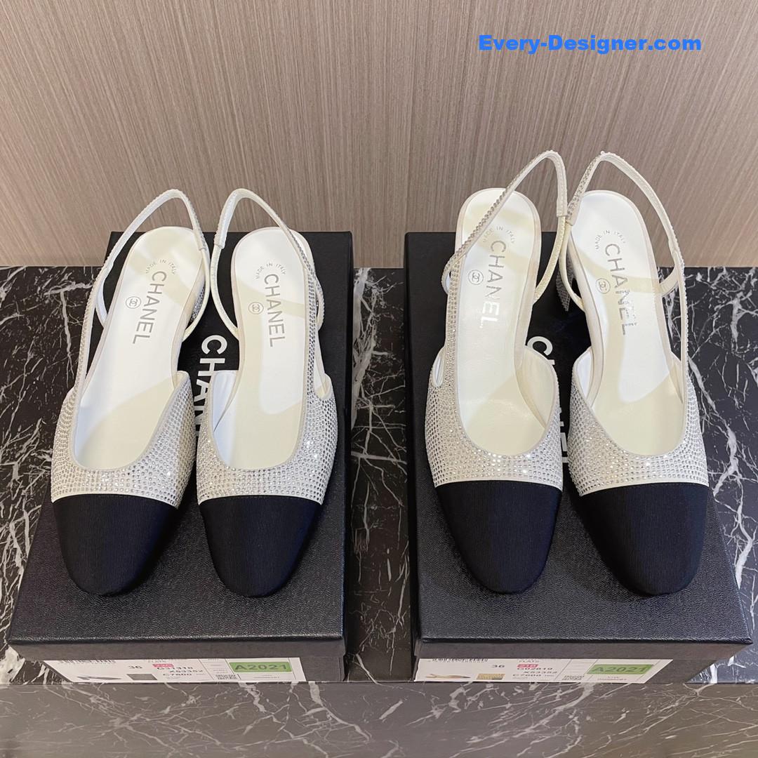 CC rhinestone thick heel side empty sandals