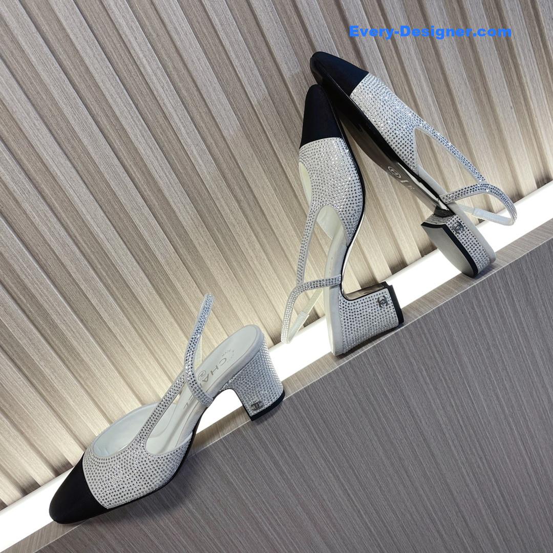 CC rhinestone thick heel side empty sandals