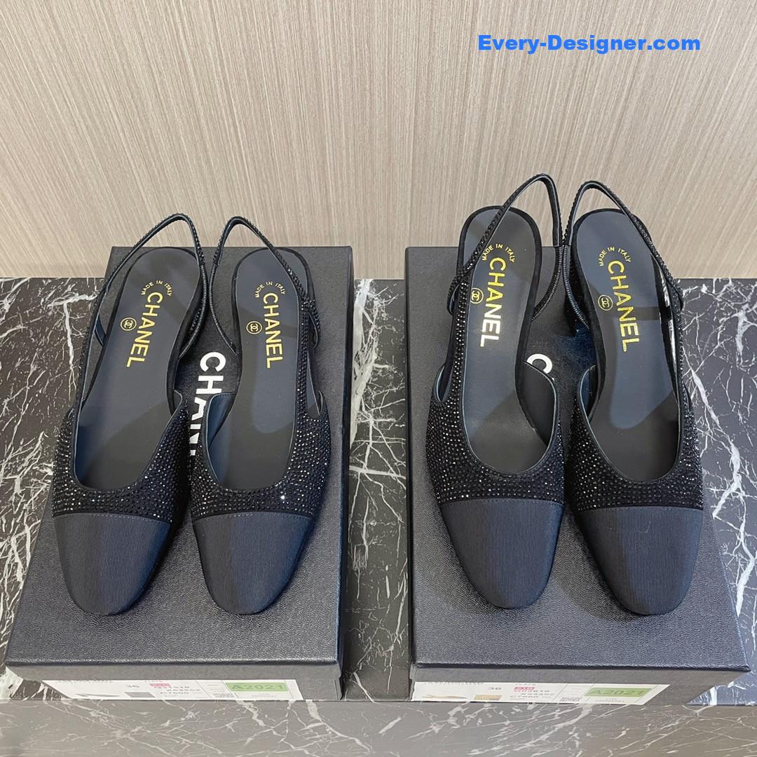 CC rhinestone thick heel side empty sandals