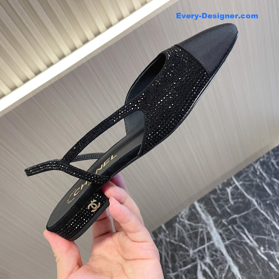 CC rhinestone thick heel side empty sandals