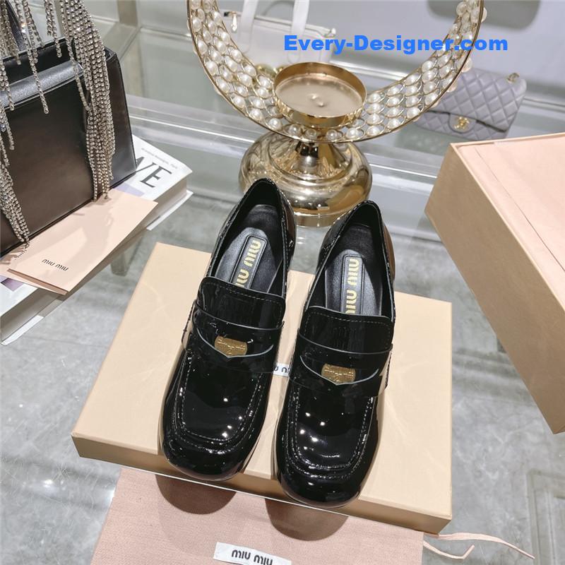 miumiu gold coin loafer patent leather high heels