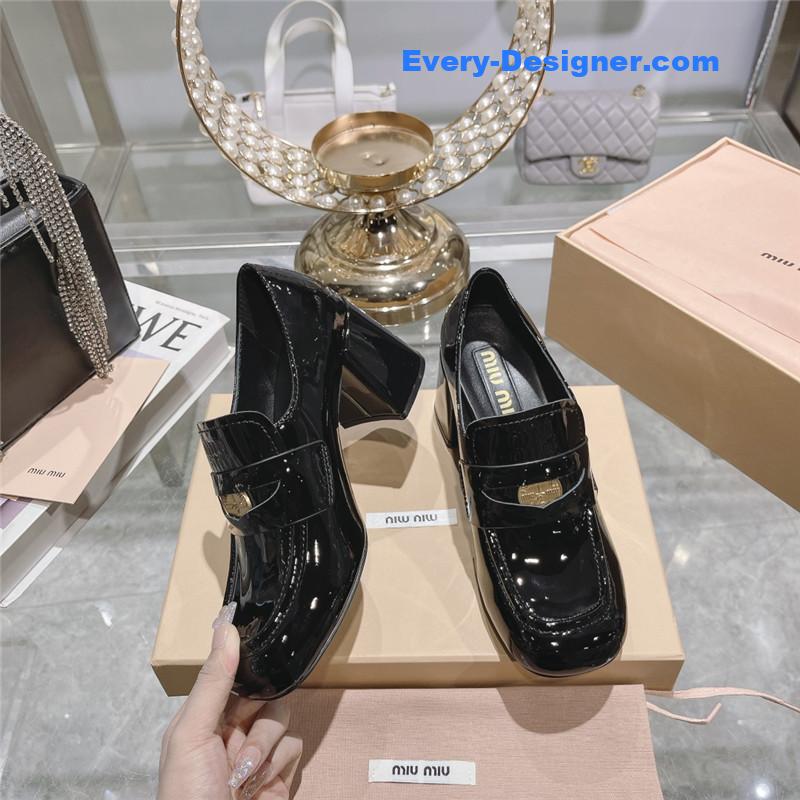 miumiu gold coin loafer patent leather high heels